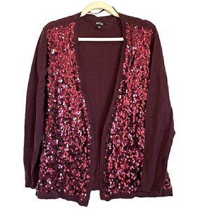 Sequin embellished plum berry open front cardigan, size L